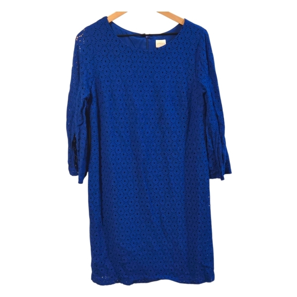 Chicos Royal Blue Eyelet Split Sleeve Scoop Neck Dress Classic Coastal Party 12